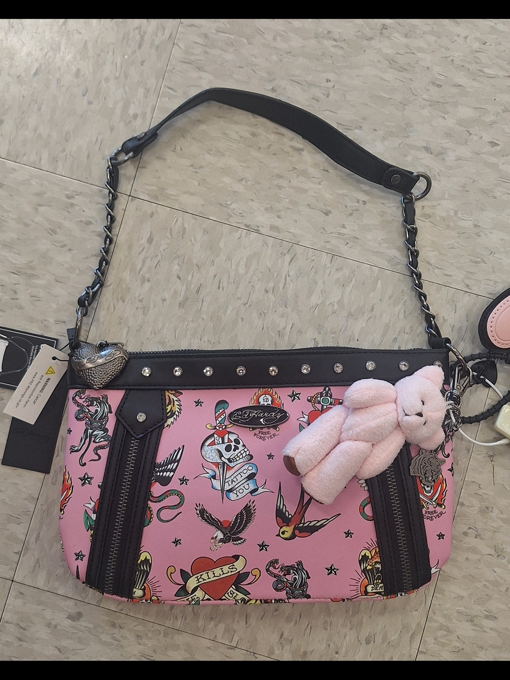 Ed Hardy Pink Tattoo-Print Shoulder Bag with Black Trim and Pink Teddy Charm